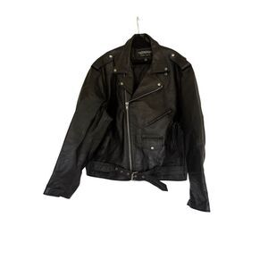 Unik Mens Black Leather Zip Front Belted Biker Motorcycle Jacket Size 56 3XL